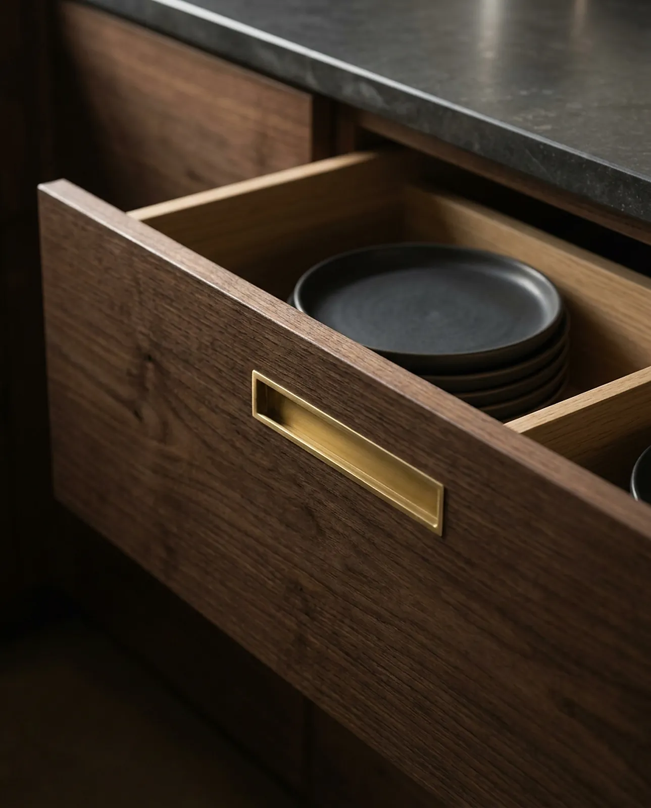 Walnut drawer with oak organiser and brass handle
