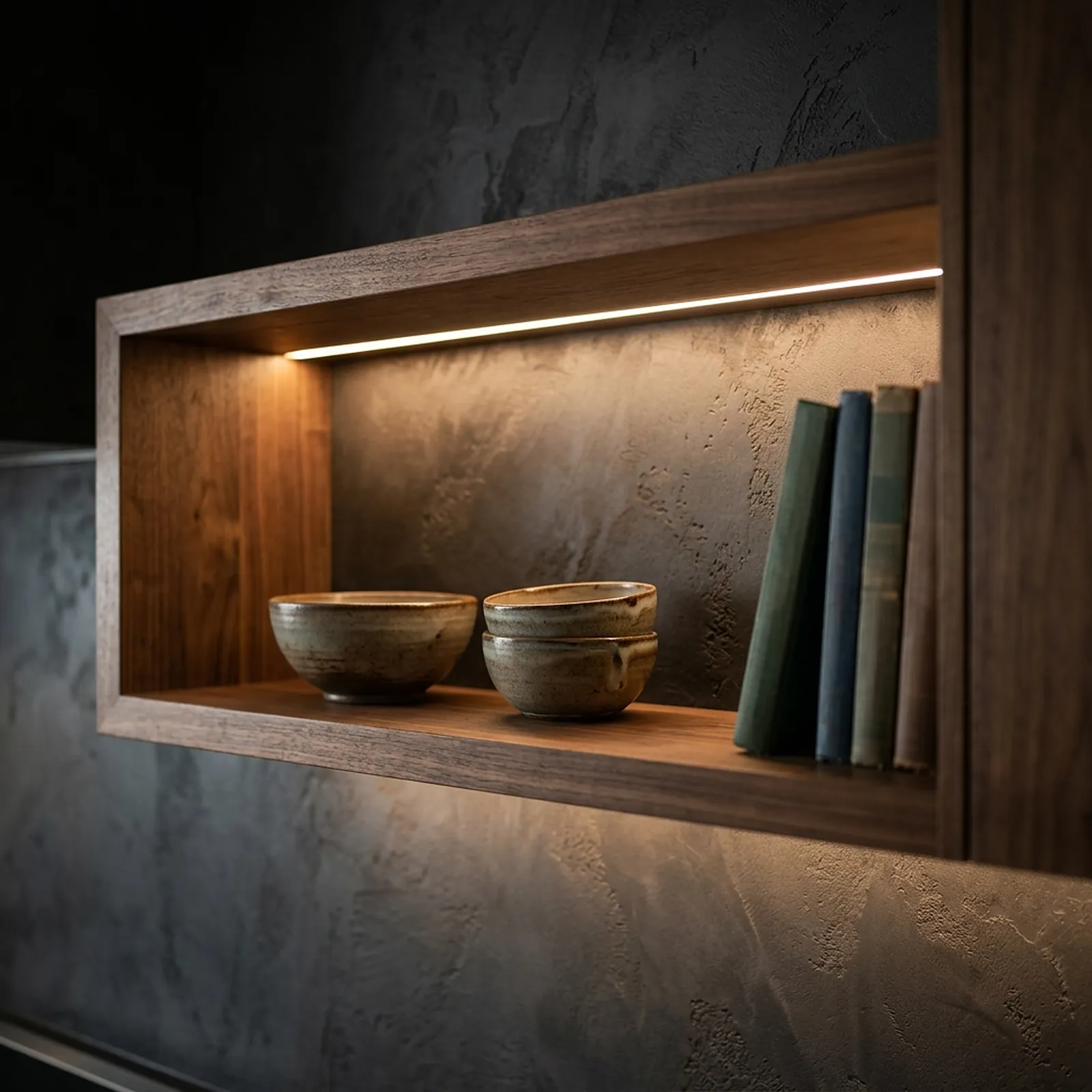 Lit walnut shelf with stoneware bowls