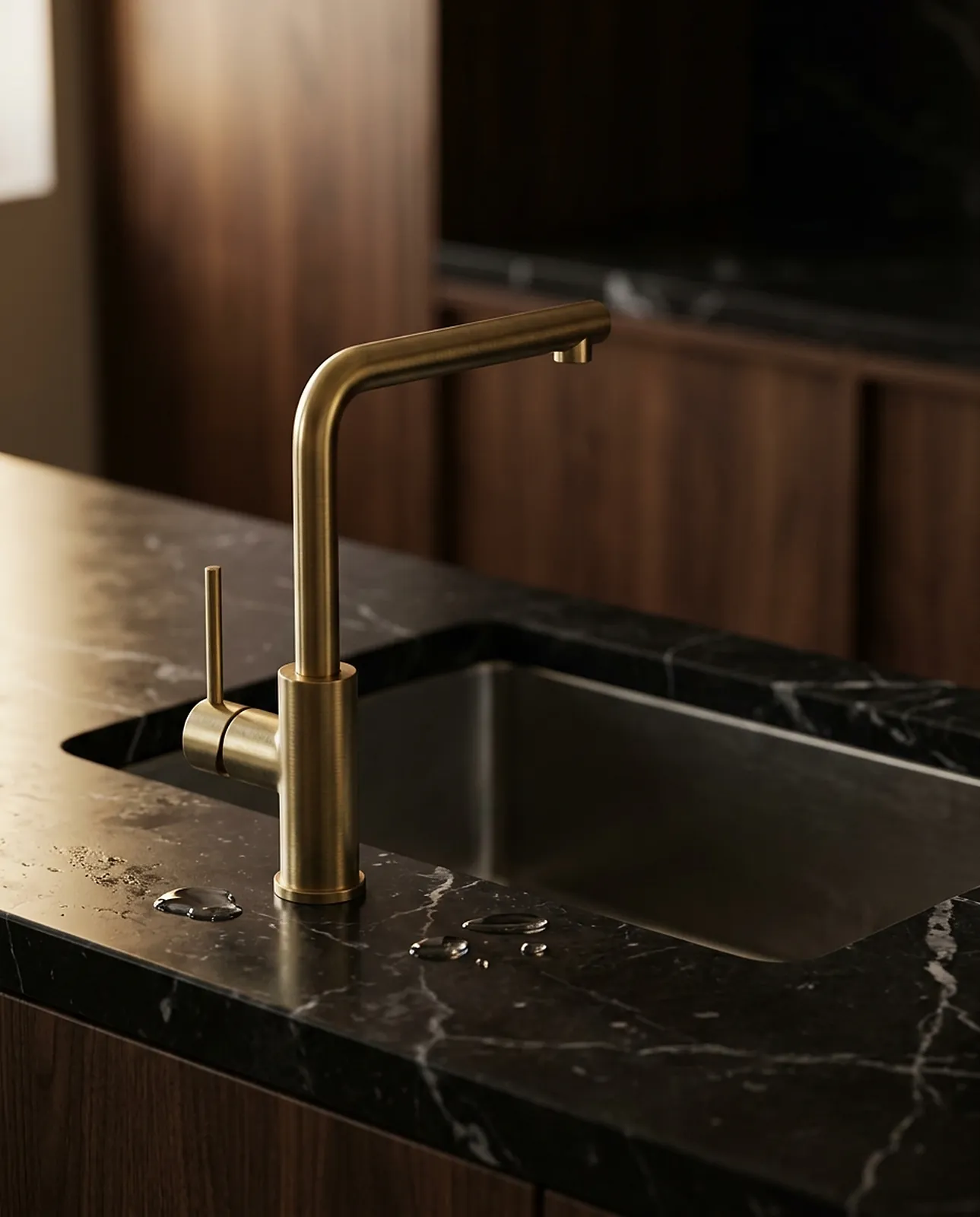 Brushed brass tap above a black marble sink