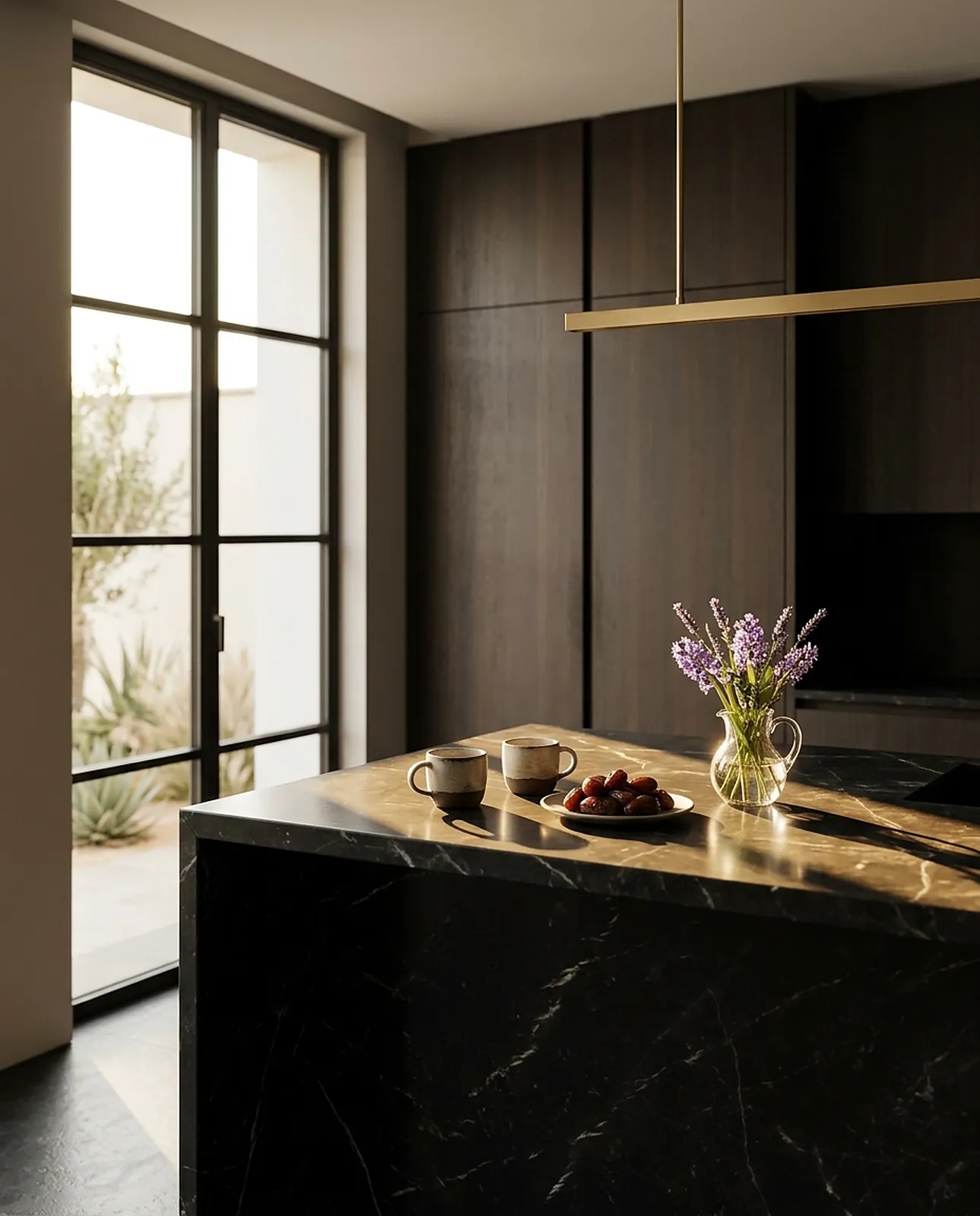 Morning coffee on a black marble island