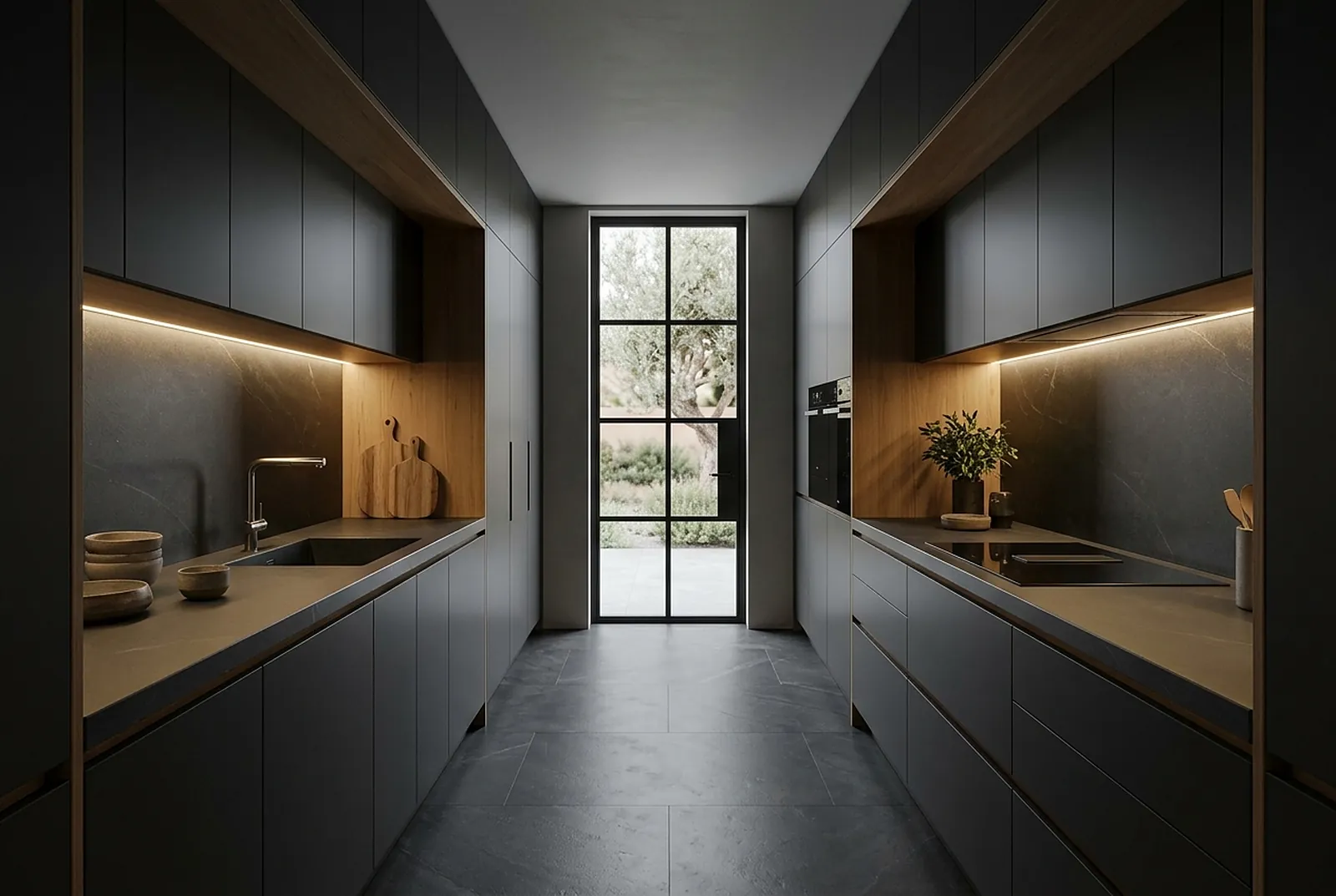 Graphite galley kitchen with a window at the far end