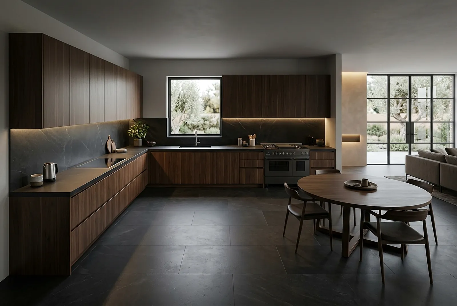 L-shaped walnut kitchen with a round dining table