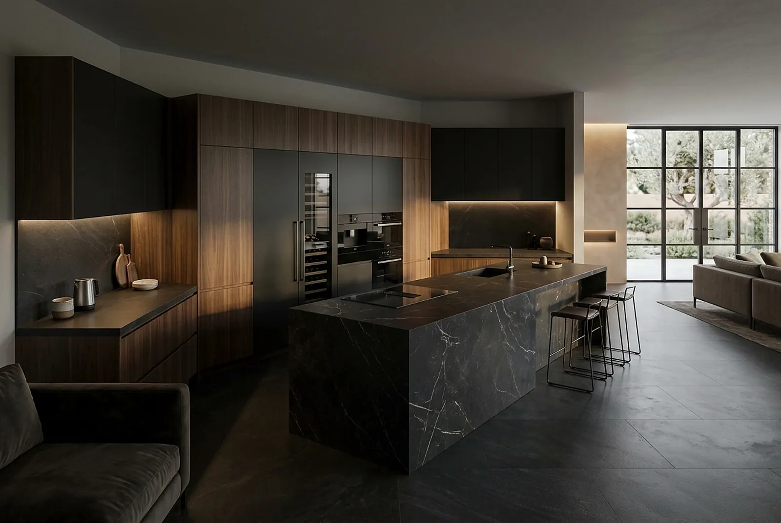 Parallel kitchen open to a living area