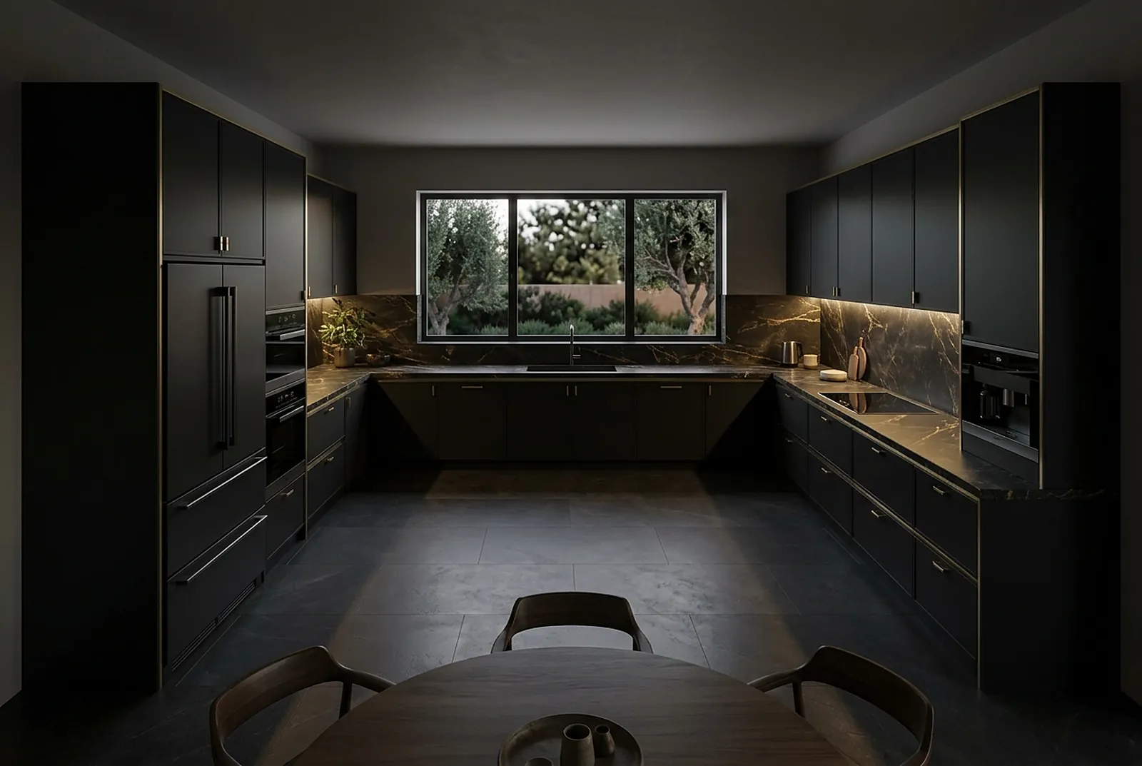 U-shaped black kitchen around a window