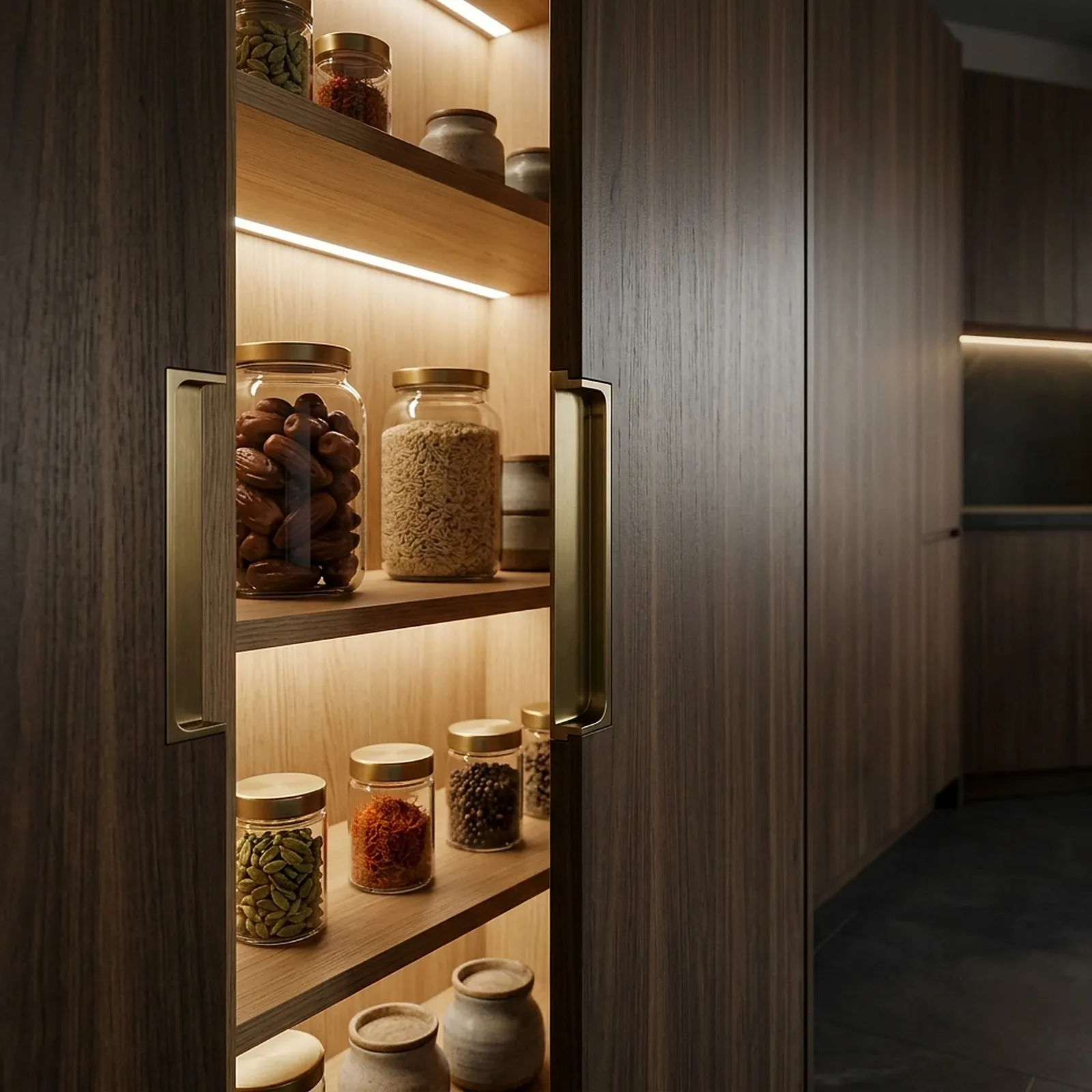 Walnut pantry with lit oak shelves