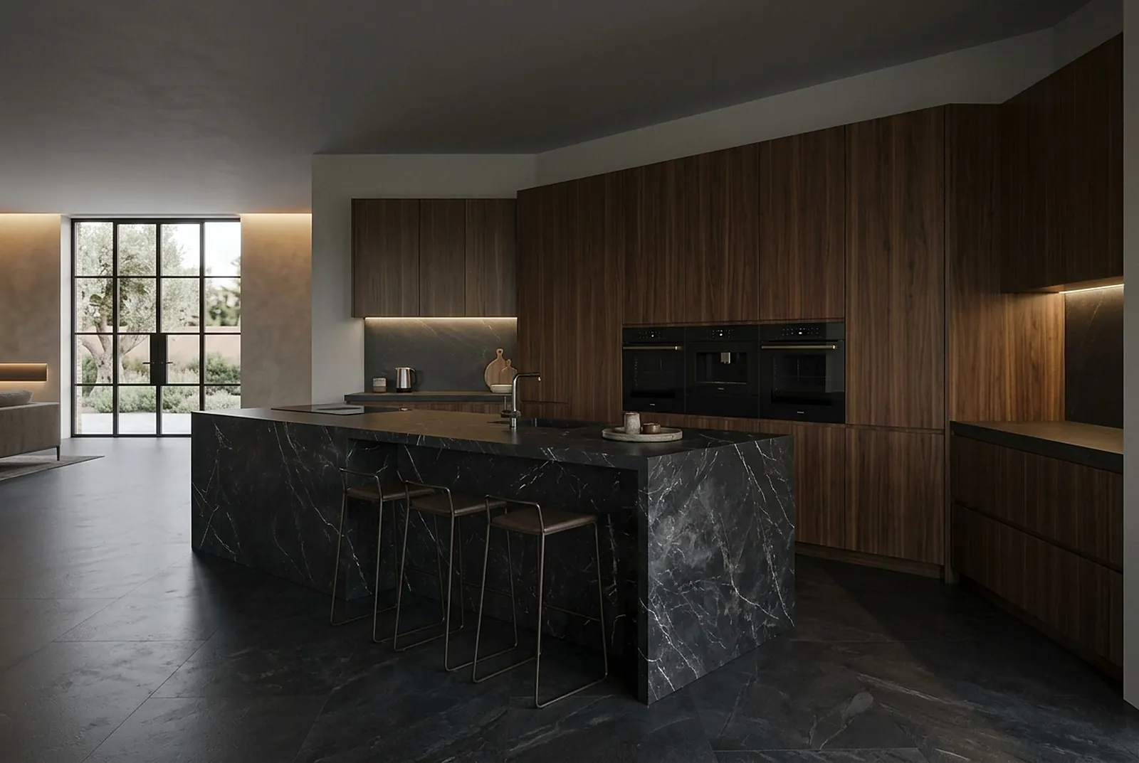 Walnut oven wall and marble island with stools