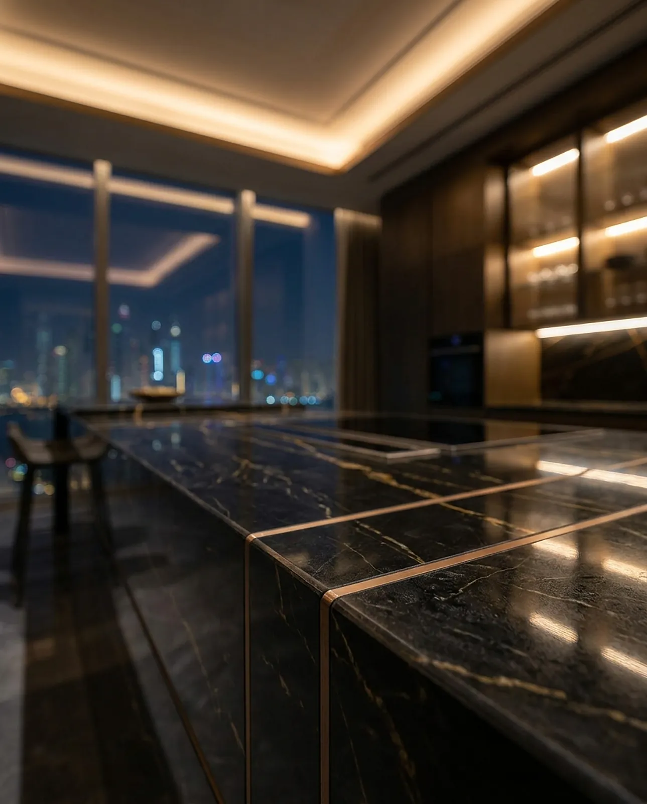 Bronze inlay lines in a black marble island