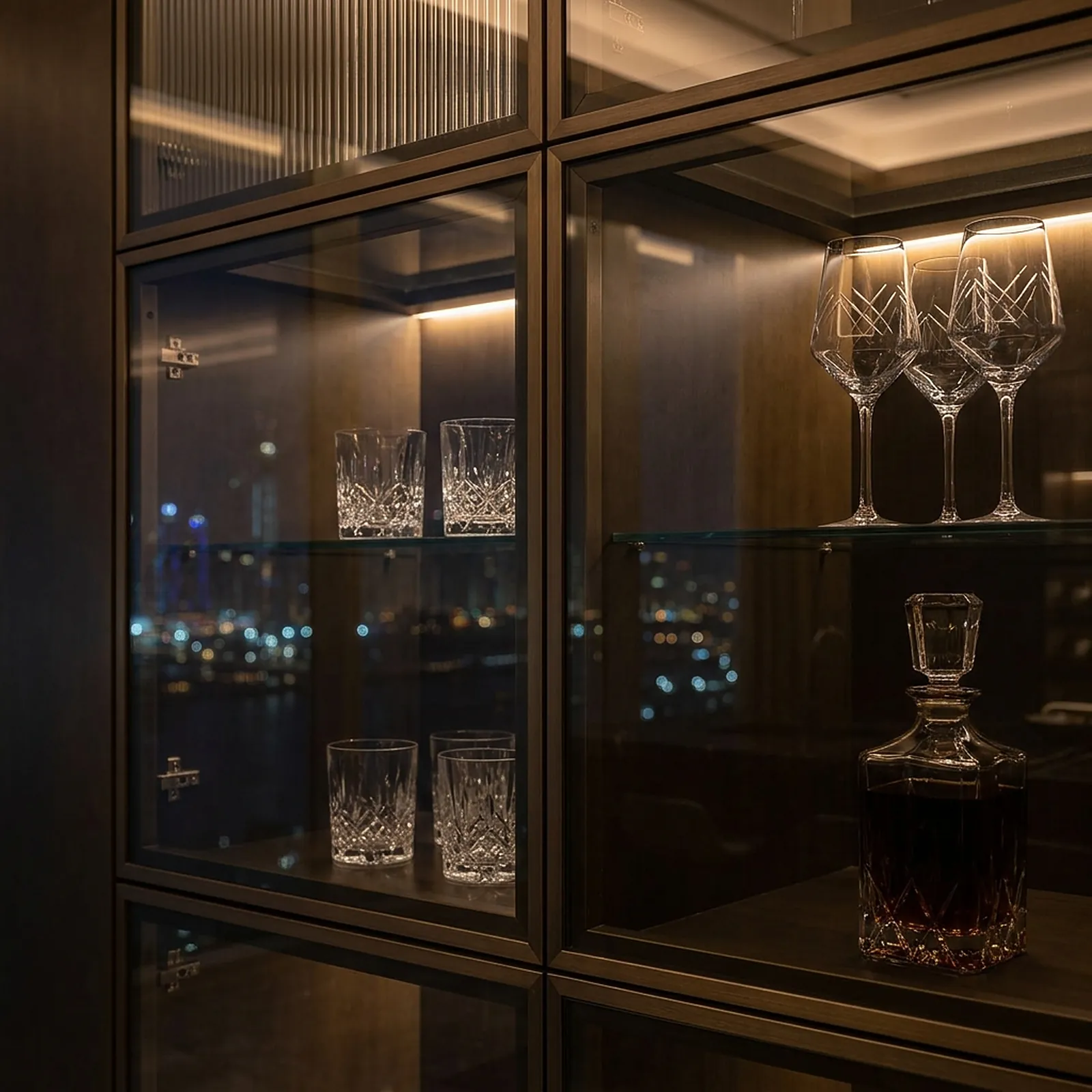 Smoked glass cabinet with crystal and a decanter