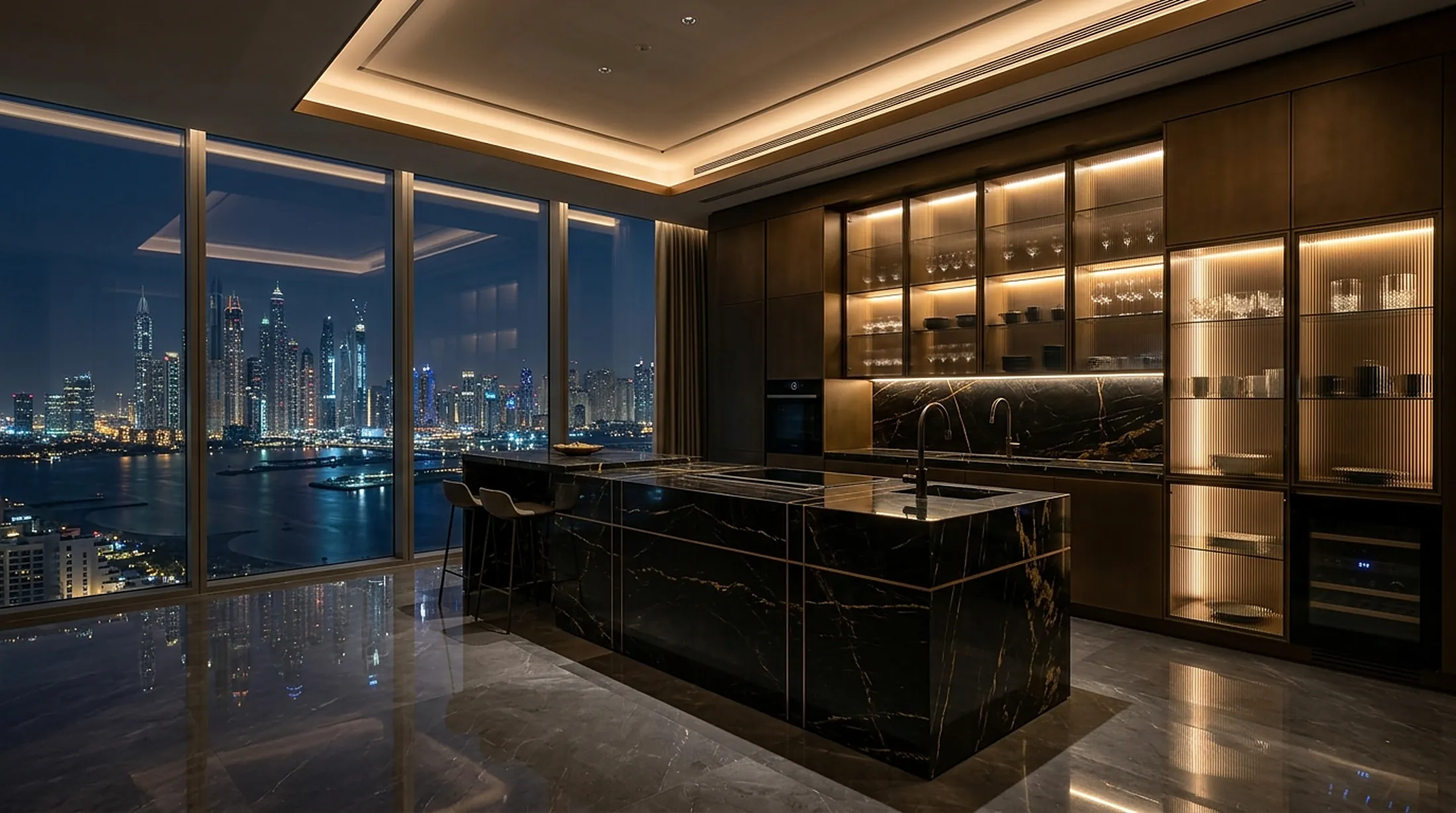 Penthouse kitchen at night with the Dubai skyline