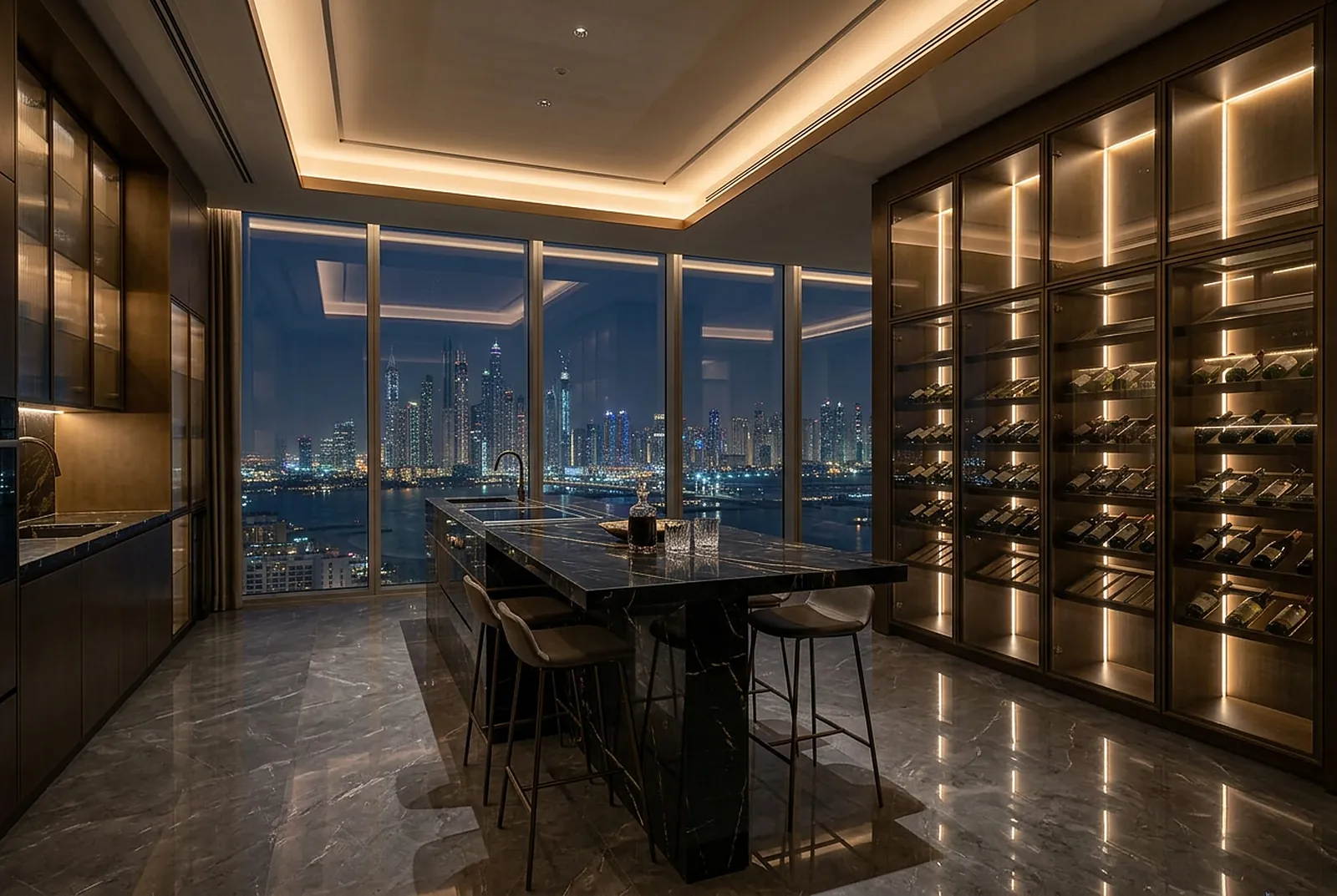 Black marble bar and lit wine wall