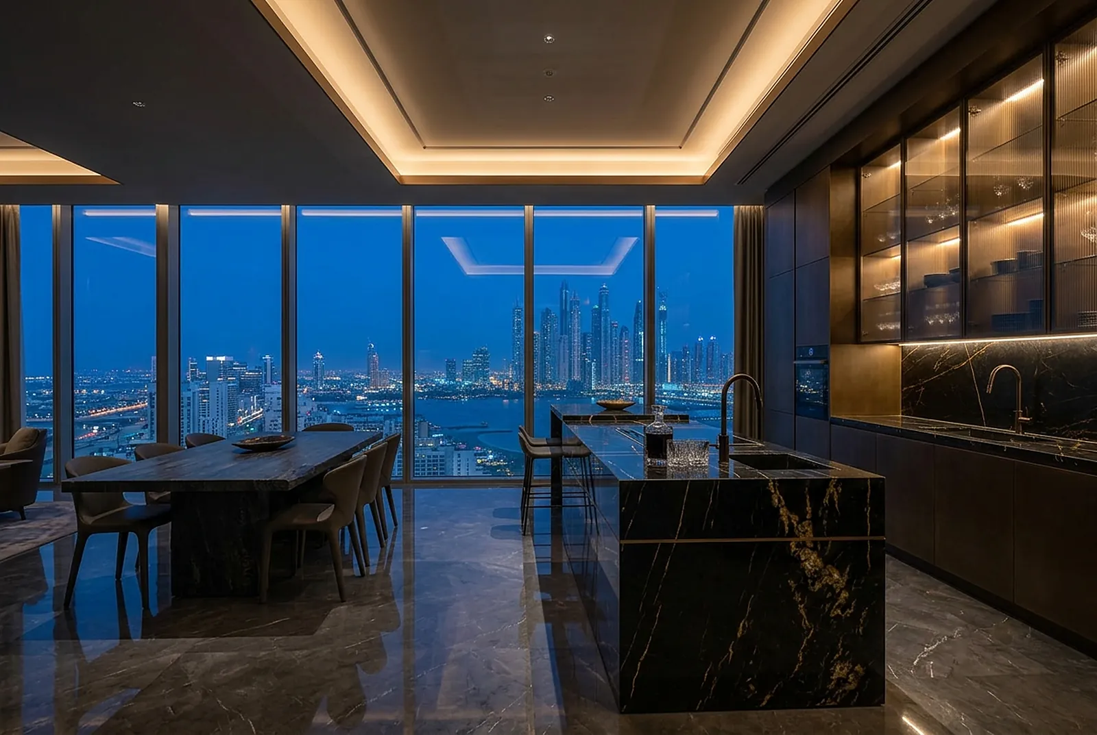 Kitchen and dining area at blue hour