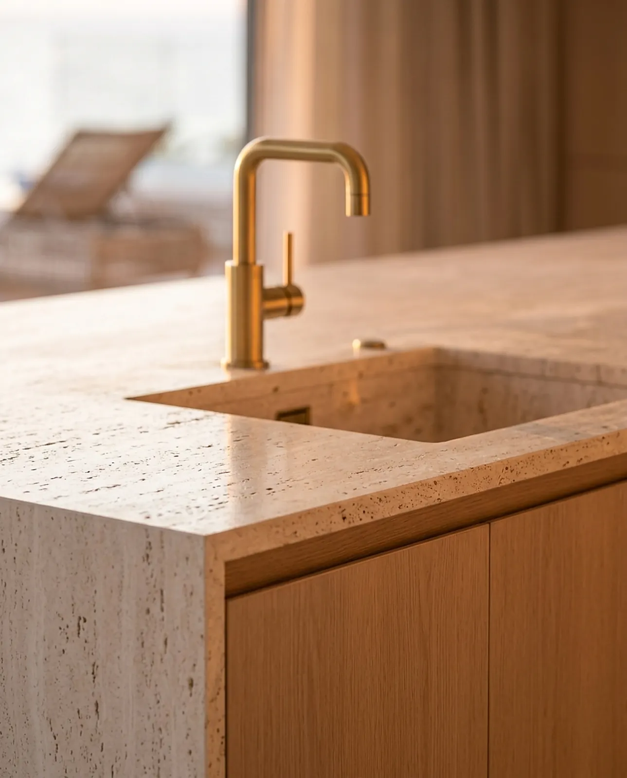 Travertine sink edge with a brass tap