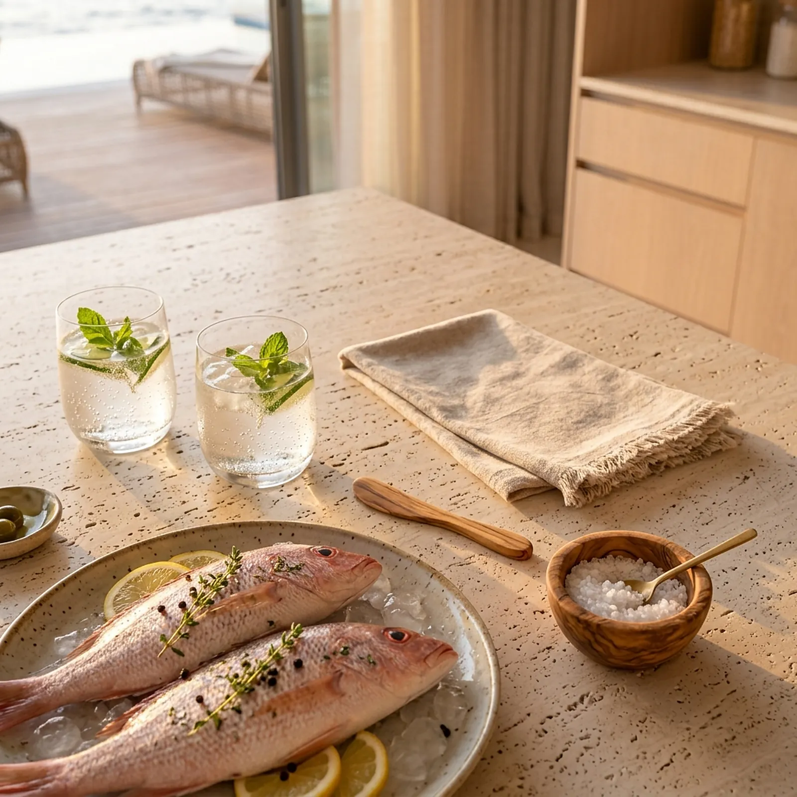 Fresh fish, mint water and sea salt on travertine