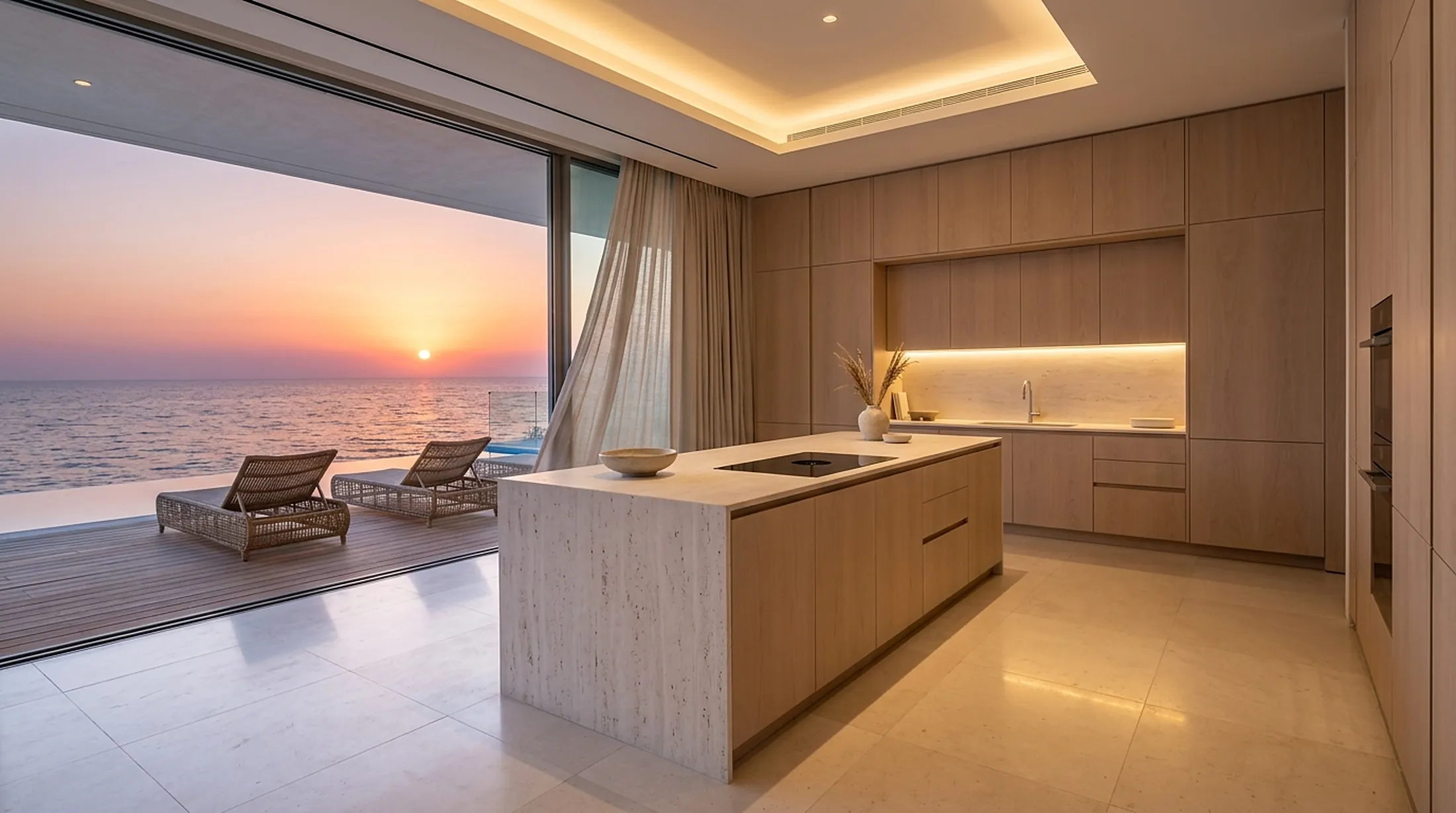 Beach house kitchen at sunset facing the Red Sea