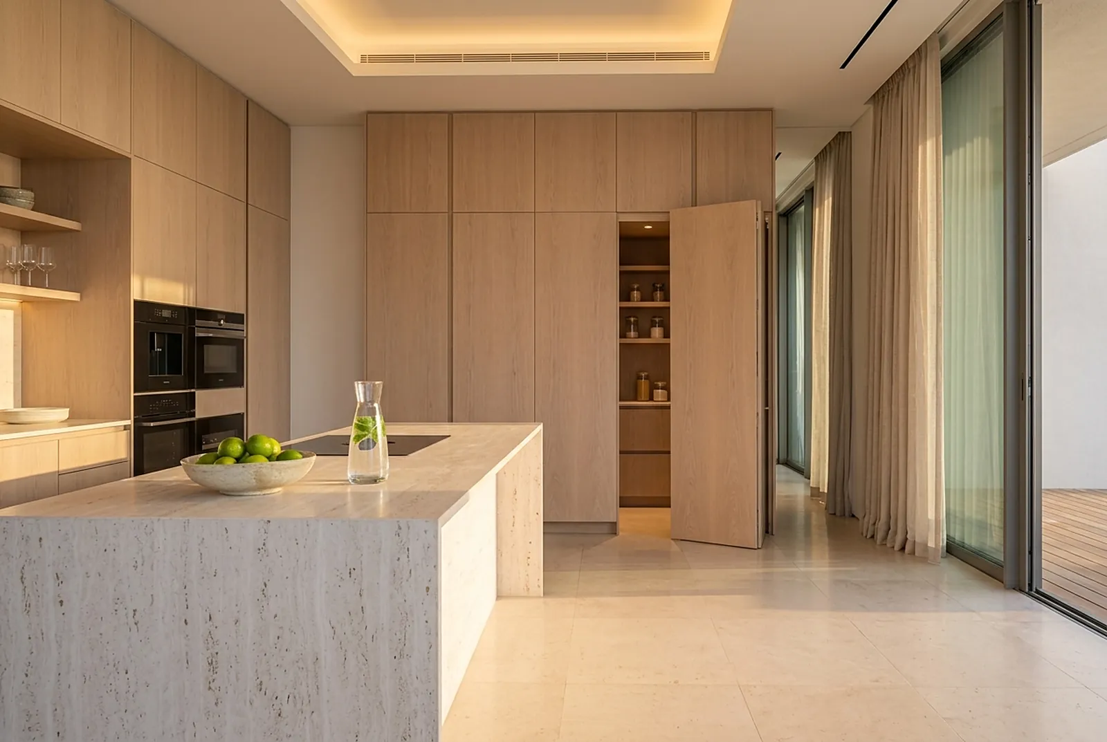 Oak pantry wall with a hidden door ajar