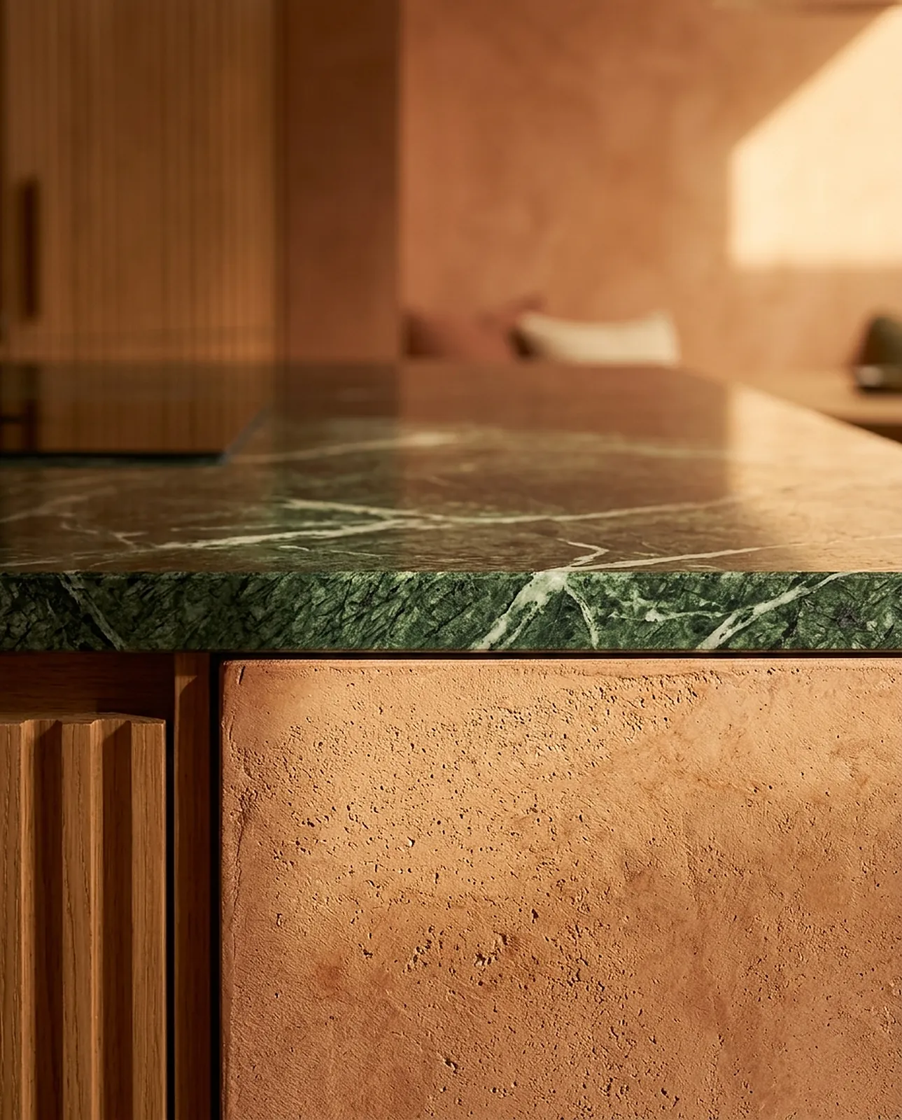 Green marble meeting terracotta microcement
