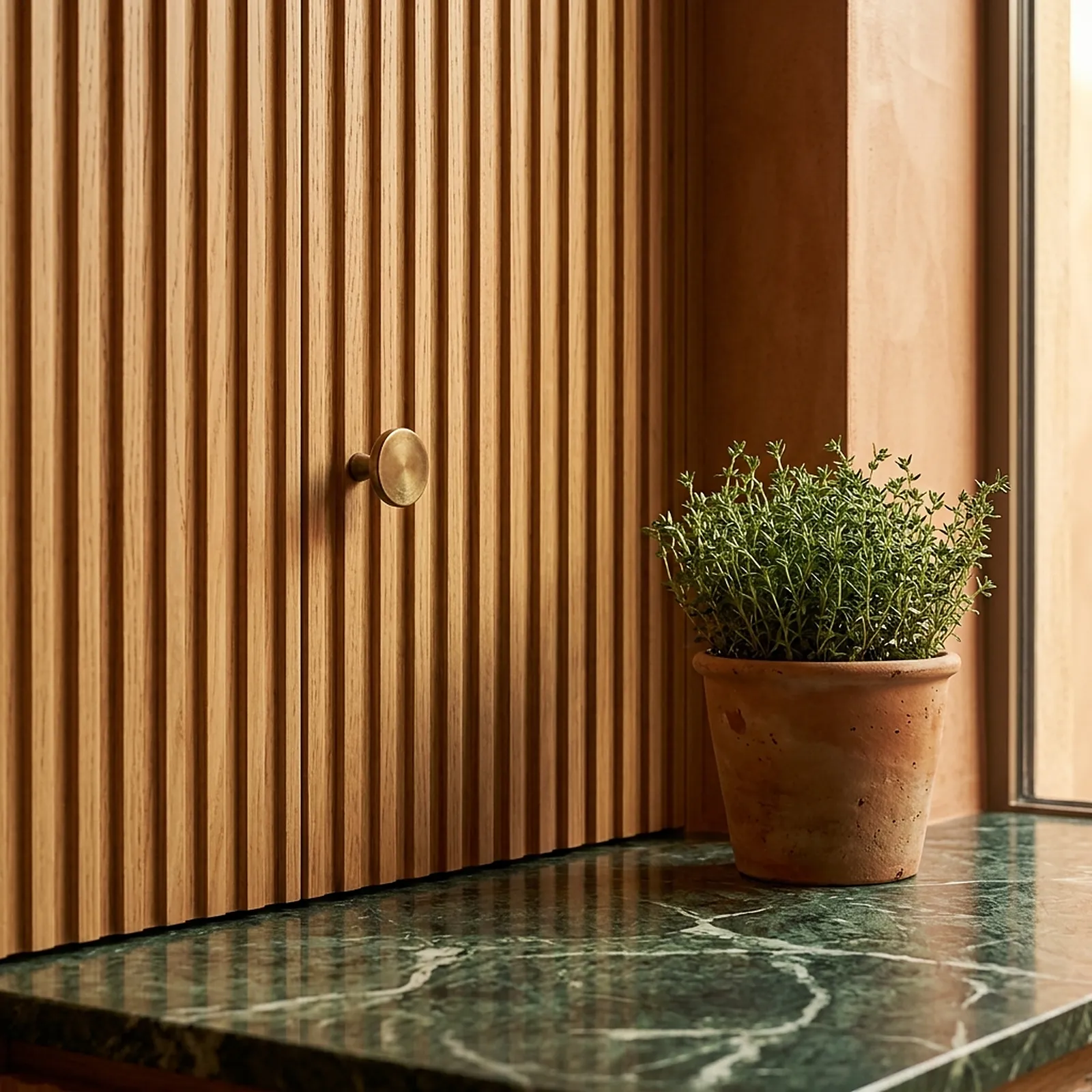 Fluted oak door with a brass knob and herbs