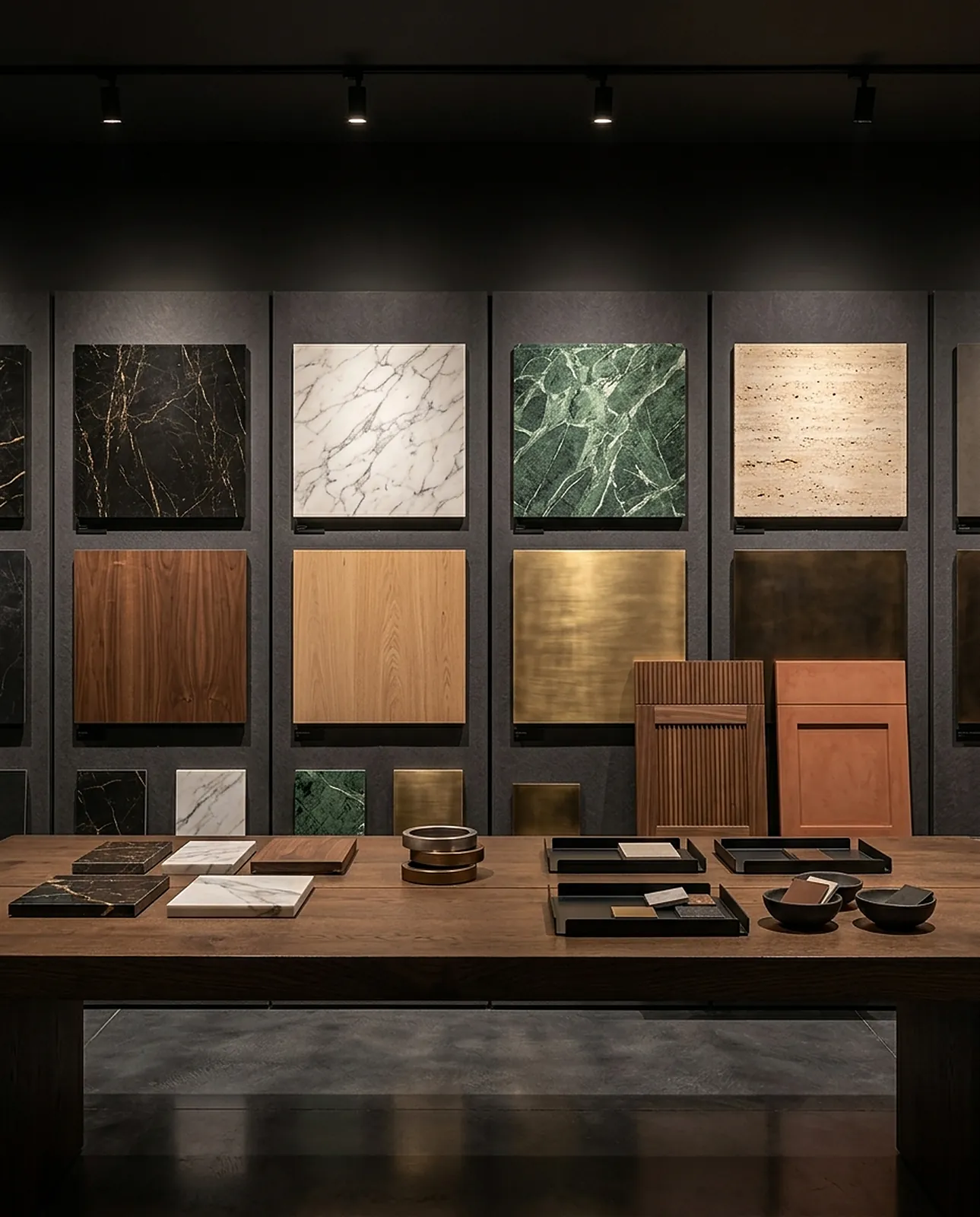 Material wall of marble, timber and metal samples