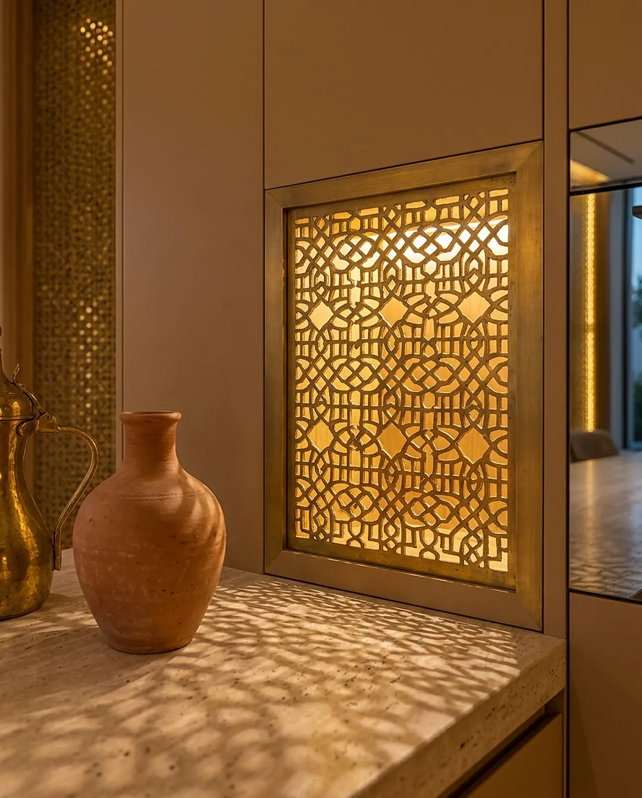 Brass mashrabiya panel casting patterned light