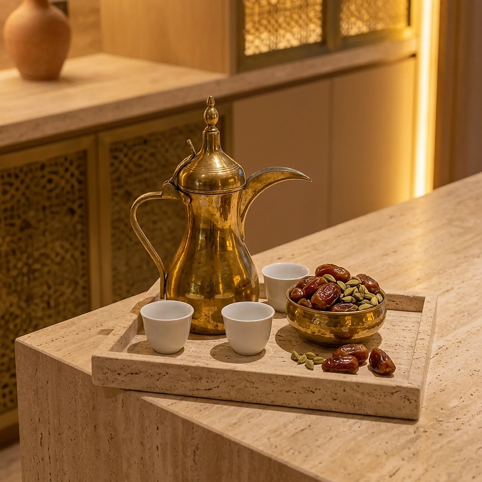 Brass dallah, finjan cups and dates on travertine
