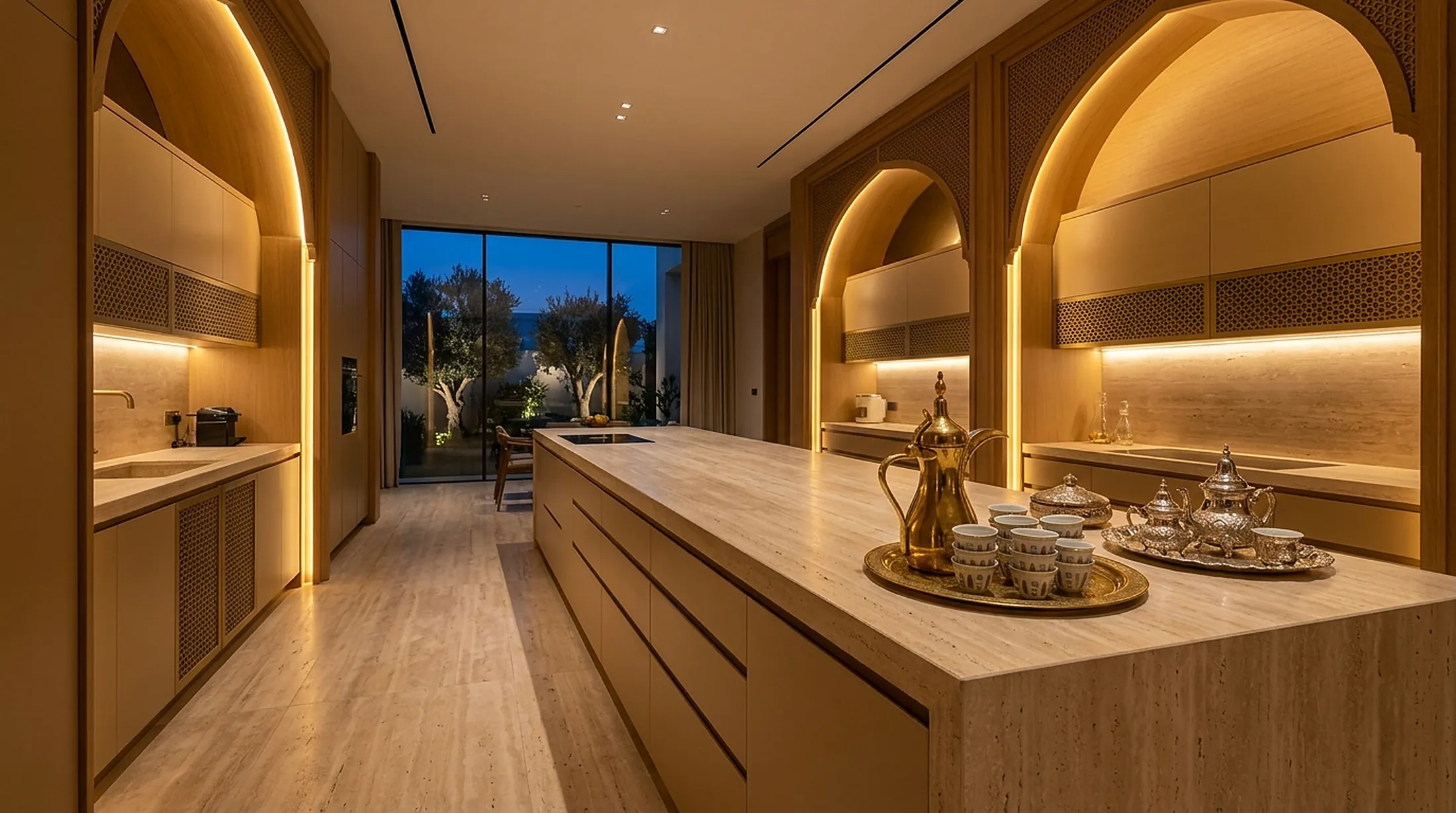 Gulf-style kitchen with travertine island, arches and a brass coffee set