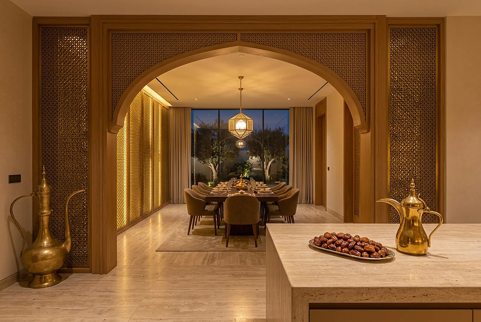 Kitchen opening through a carved arch to a family dining room