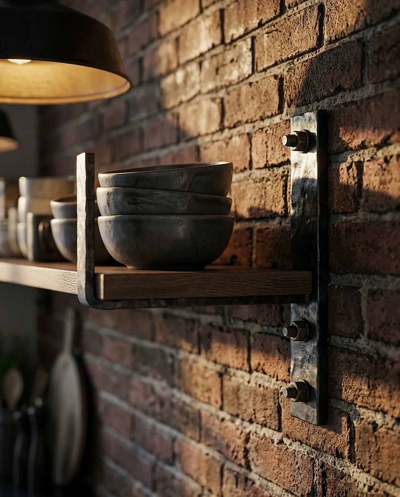 Steel shelf bracket bolted into brick holding ceramic bowls