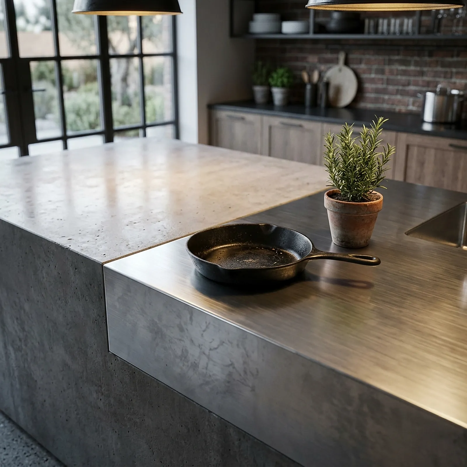Concrete island meeting a stainless steel worktop
