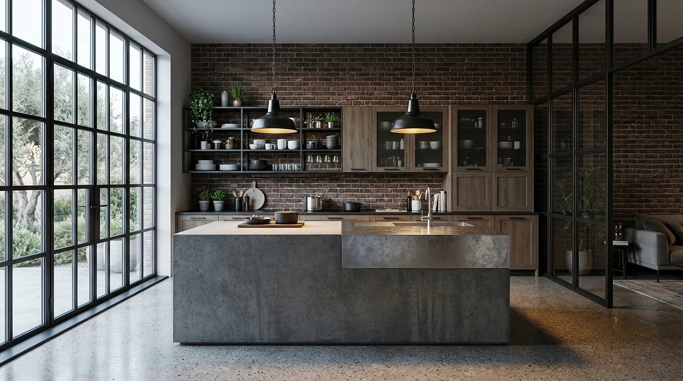 Industrial loft kitchen with brick wall, steel shelving and concrete island