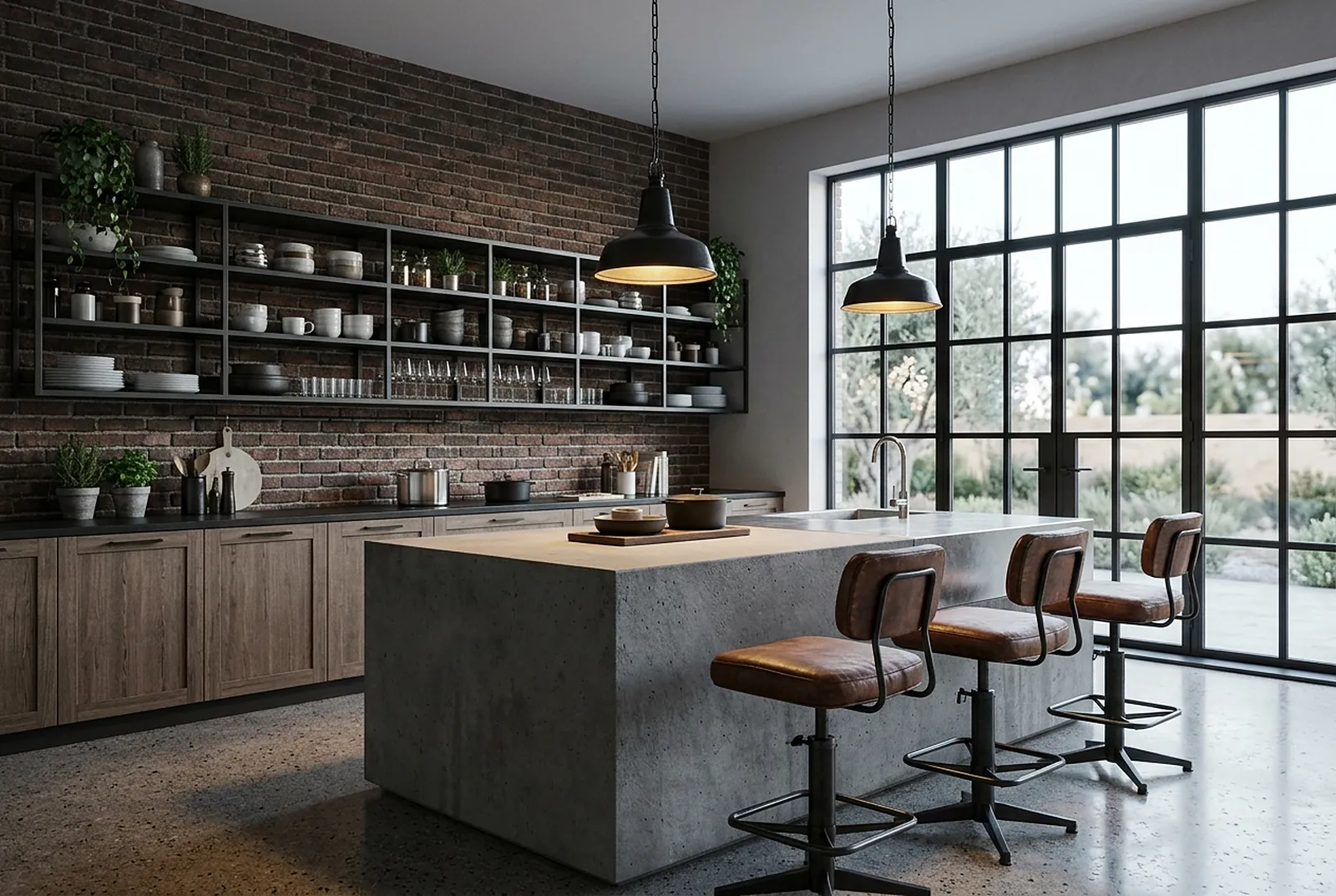 Concrete island with leather stools beside factory windows