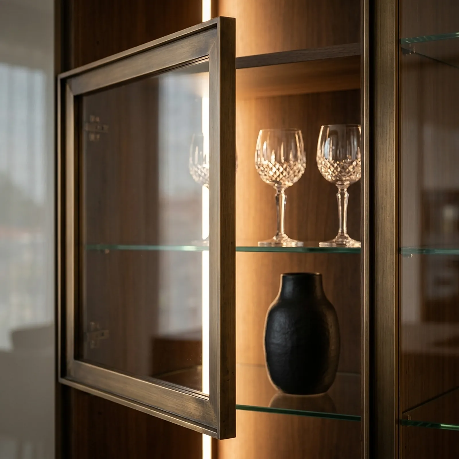 Bronze-framed glass cabinet with crystal glasses
