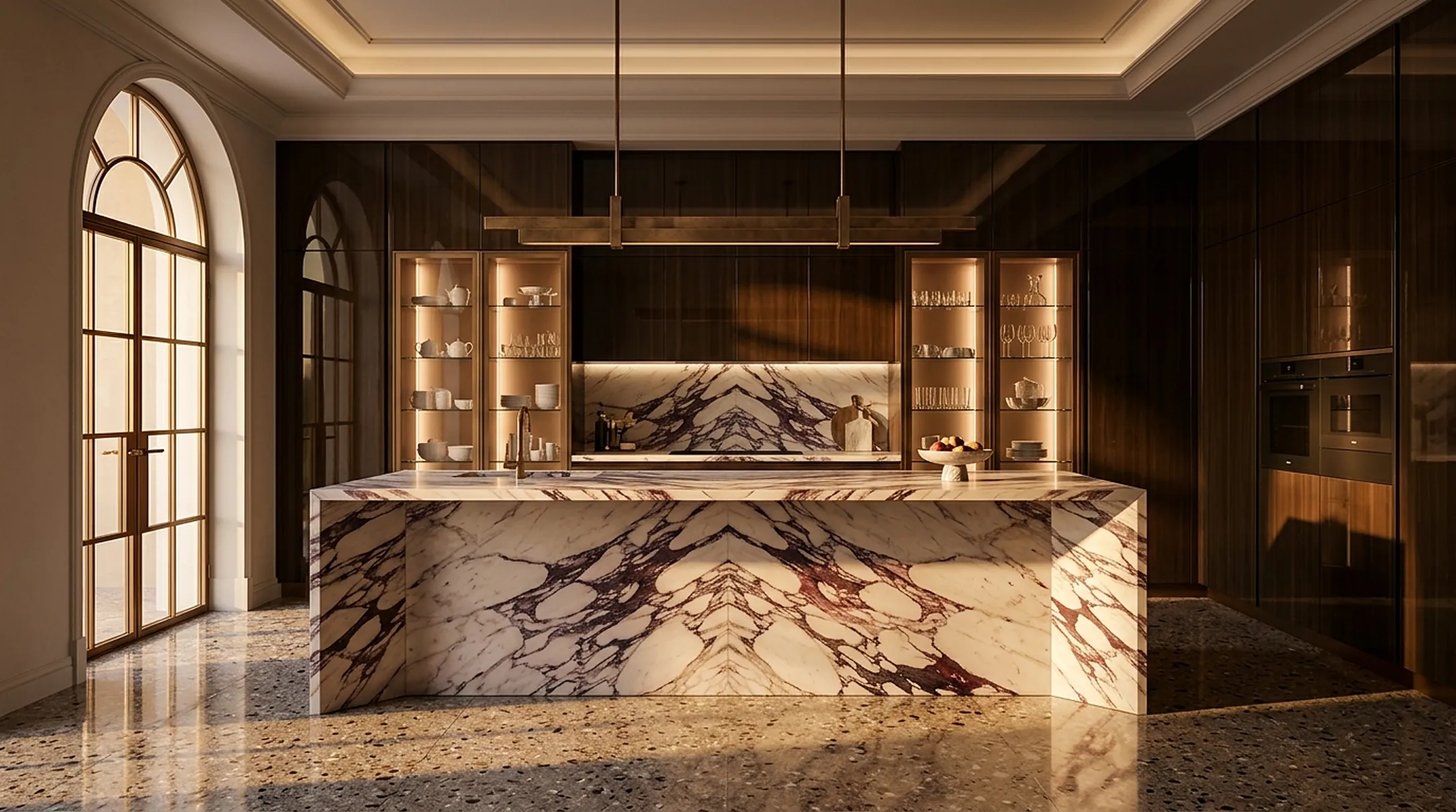 Italian kitchen with a Calacatta Viola marble island and bronze glass cabinets