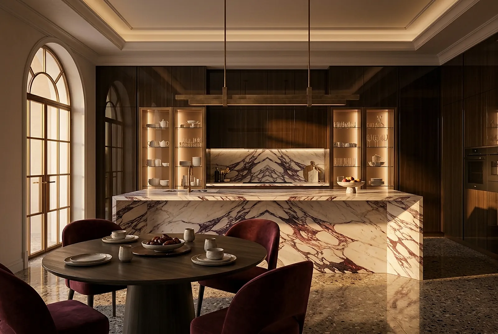 Marble island seen from a round dining table with velvet chairs