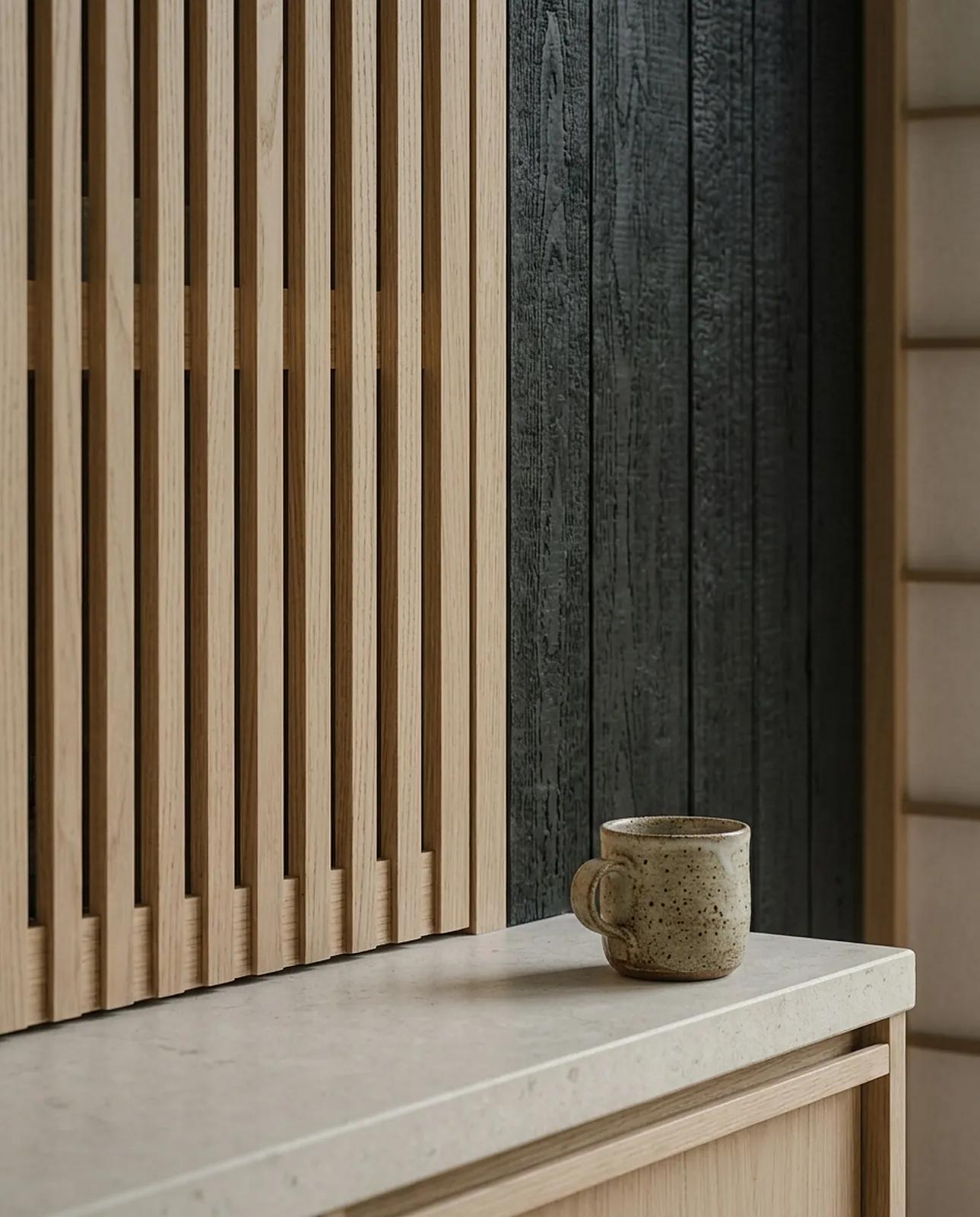 Slatted ash doors meeting a charred wood panel