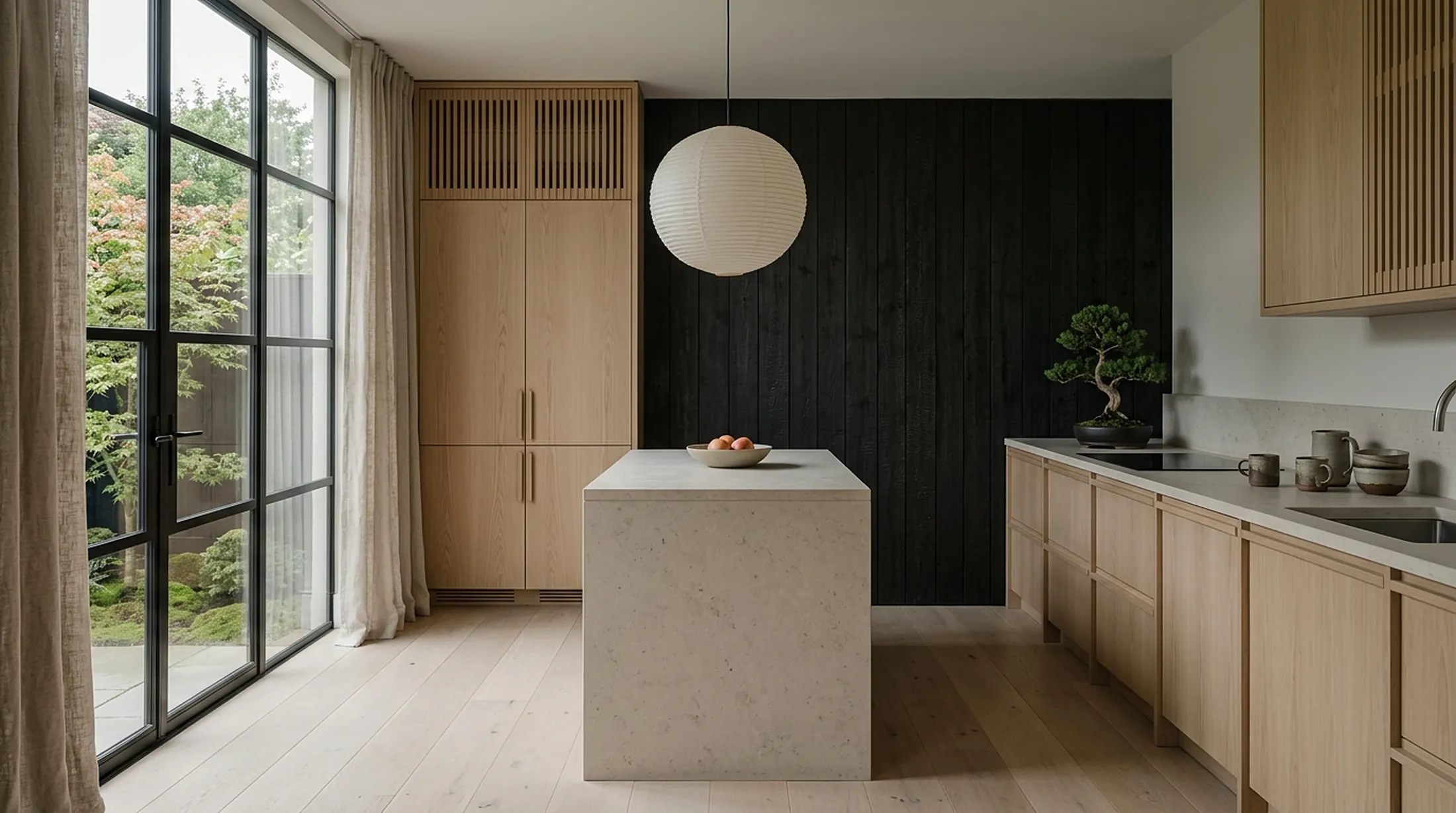 Japandi kitchen with ash cabinets, limestone island and charred-wood wall