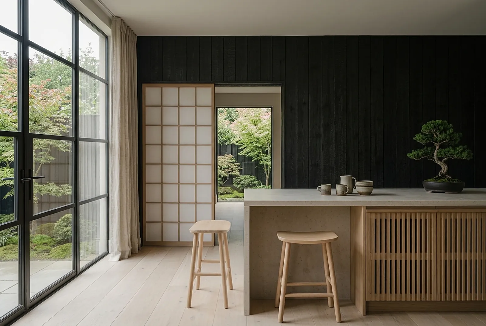Limestone island with wooden stools and a paper screen to the garden