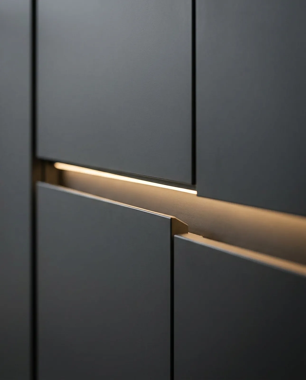 Recessed finger-pull channel lit by a warm LED line