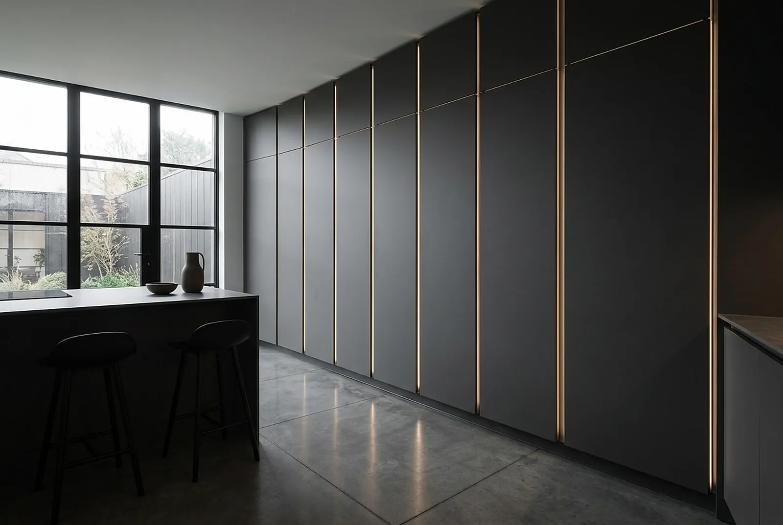 Full-height graphite cabinet wall with lit channels