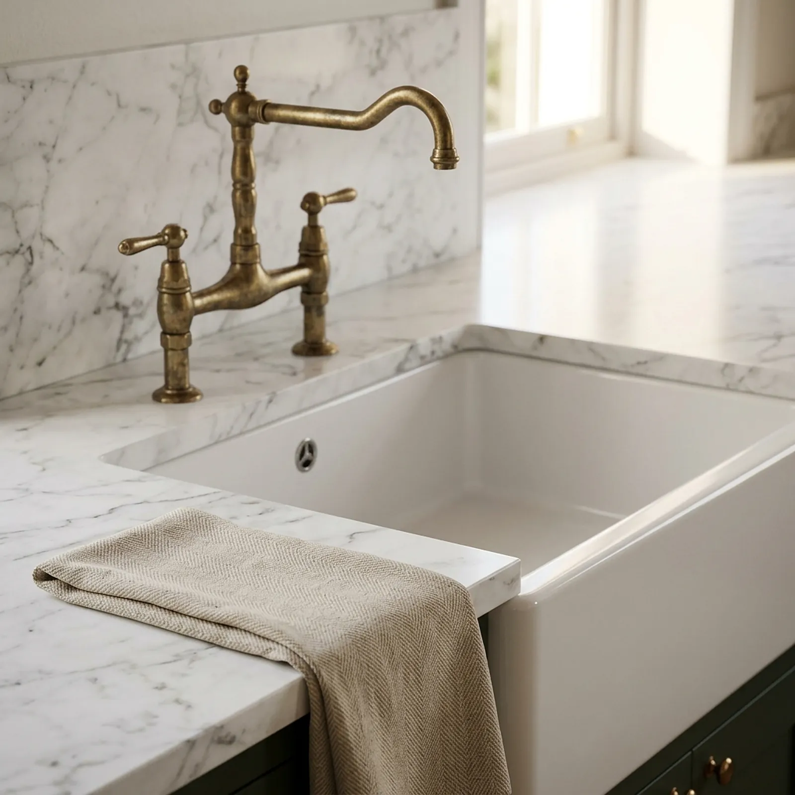 Fireclay sink with a brass bridge tap in marble