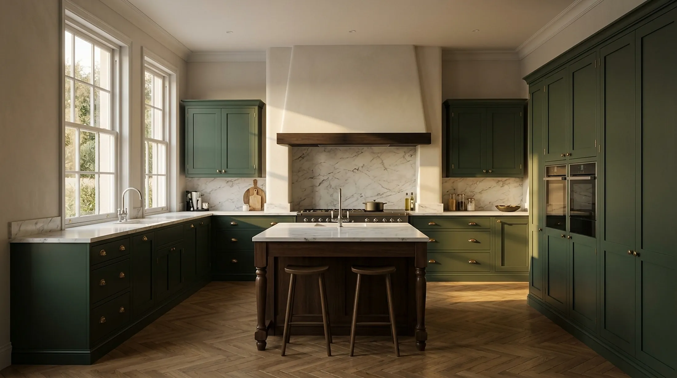 Forest green Shaker kitchen with marble worktops and a wooden island