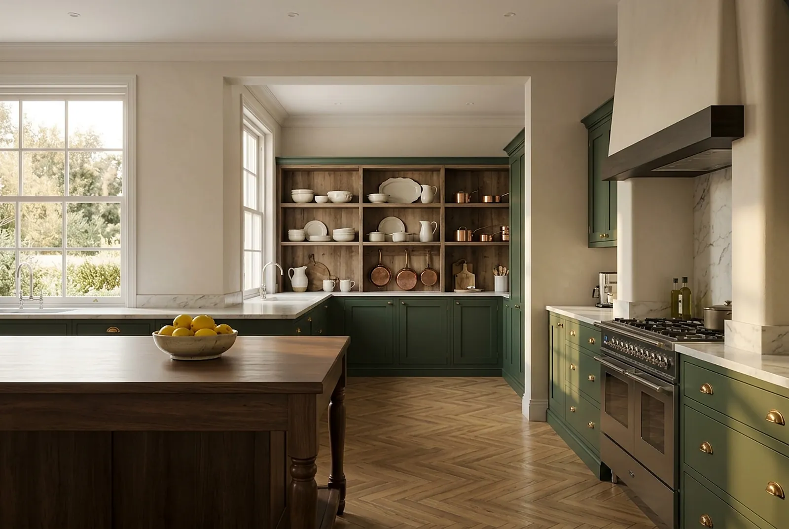 Shaker kitchen leading to a butler's pantry with open shelves