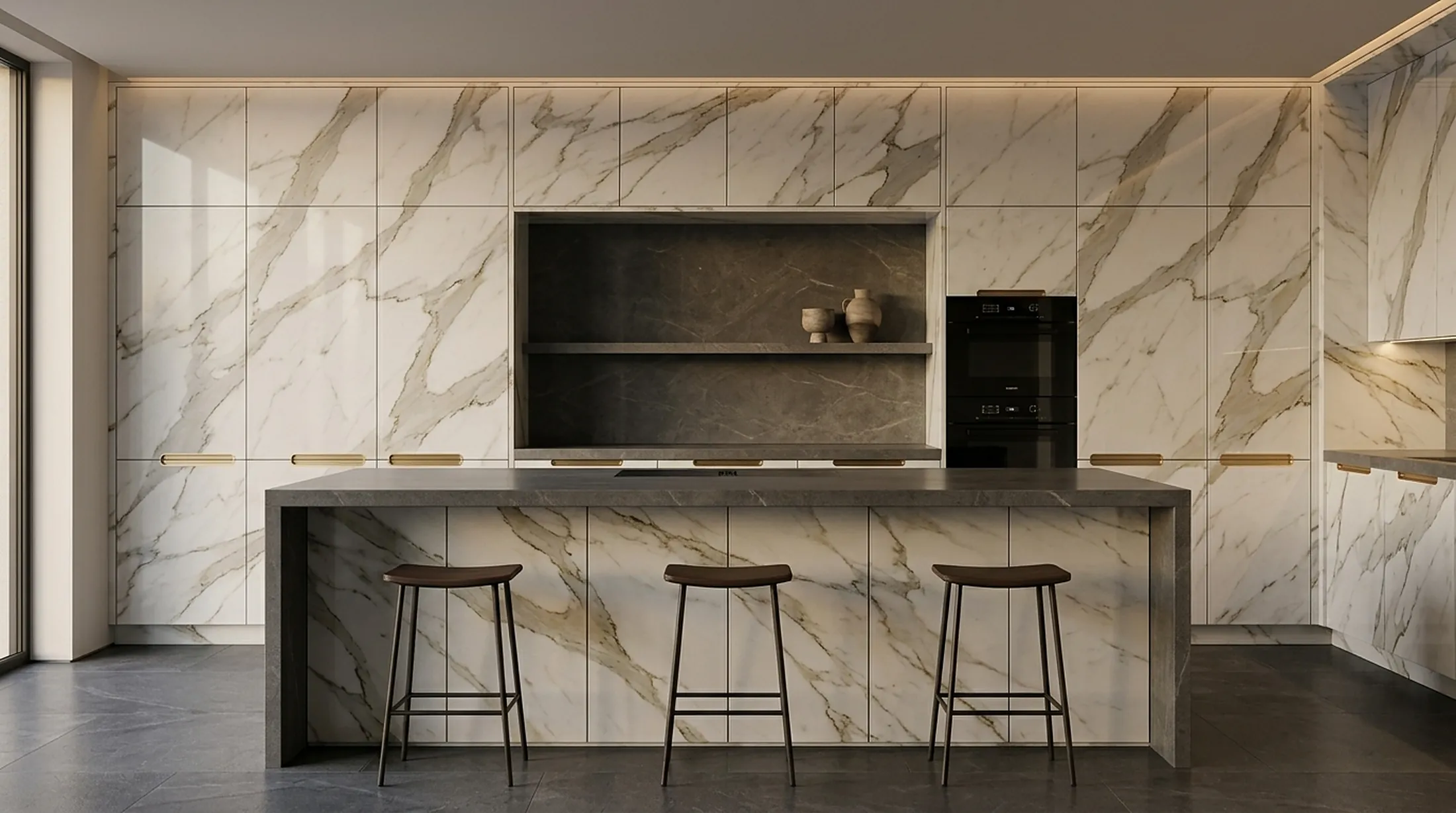 The same kitchen clad in Calacatta marble