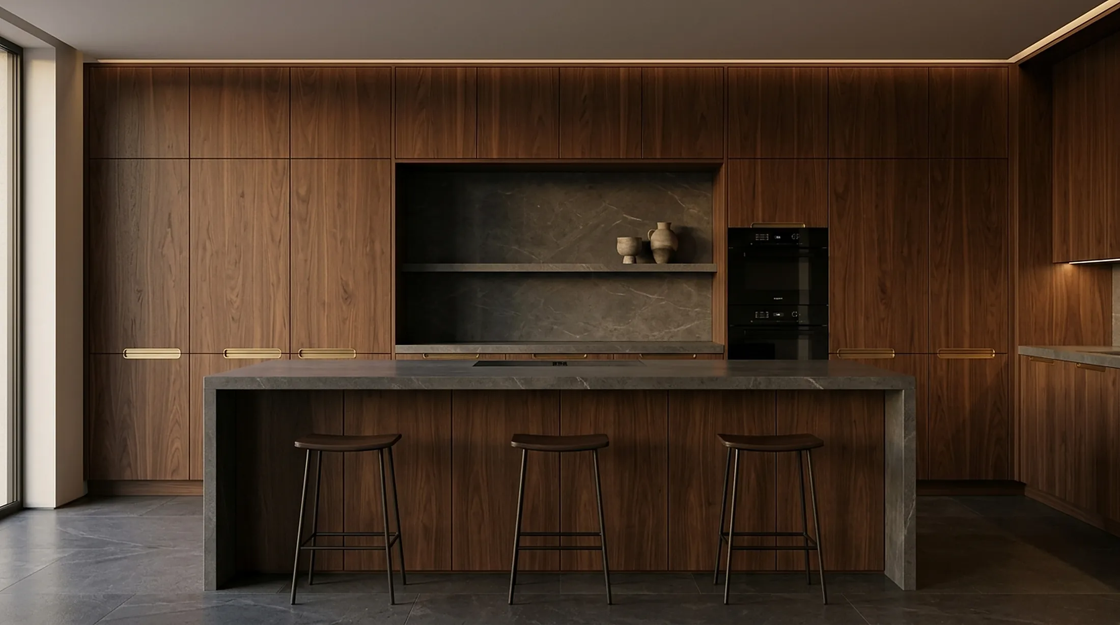 Kitchen in smoked walnut with a grey stone island